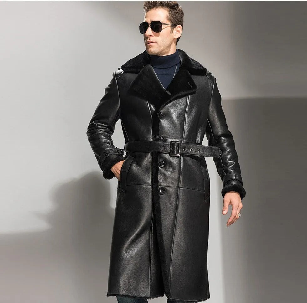 Men's Black Sheepskin Shearling Coat Long Leather Overcoat