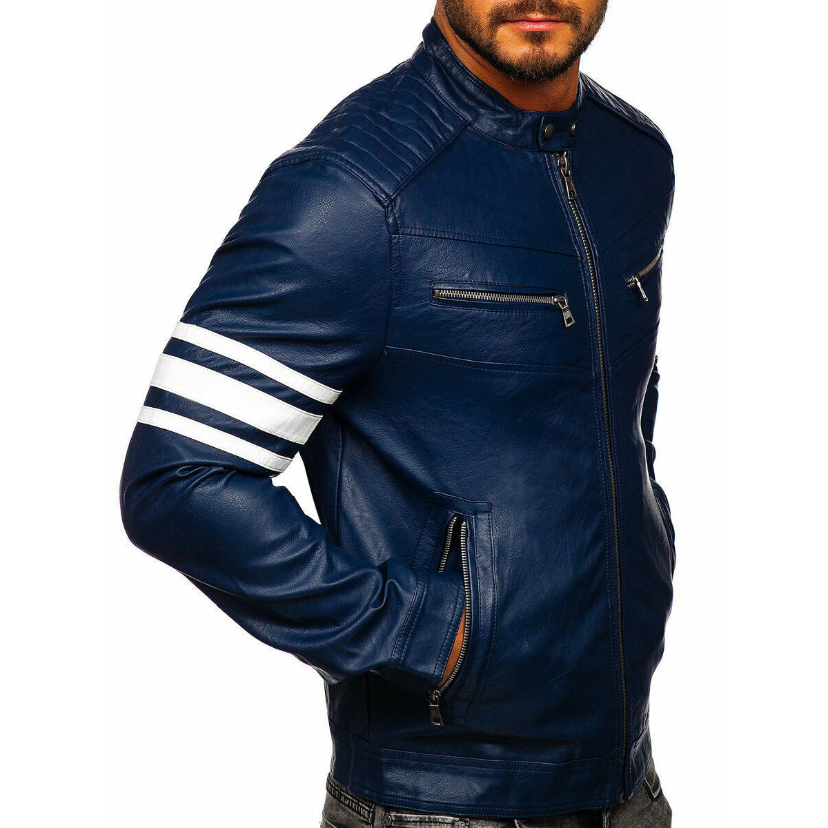 Men's Blue Retro Lambskin Biker Jacket - Motorcycle Jacket