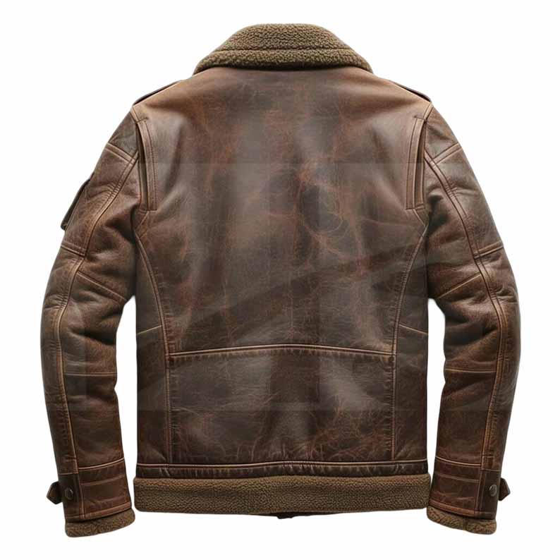 Men's Distressed Brown Cowhide Leather Aviator Jacket with Shearling Collar