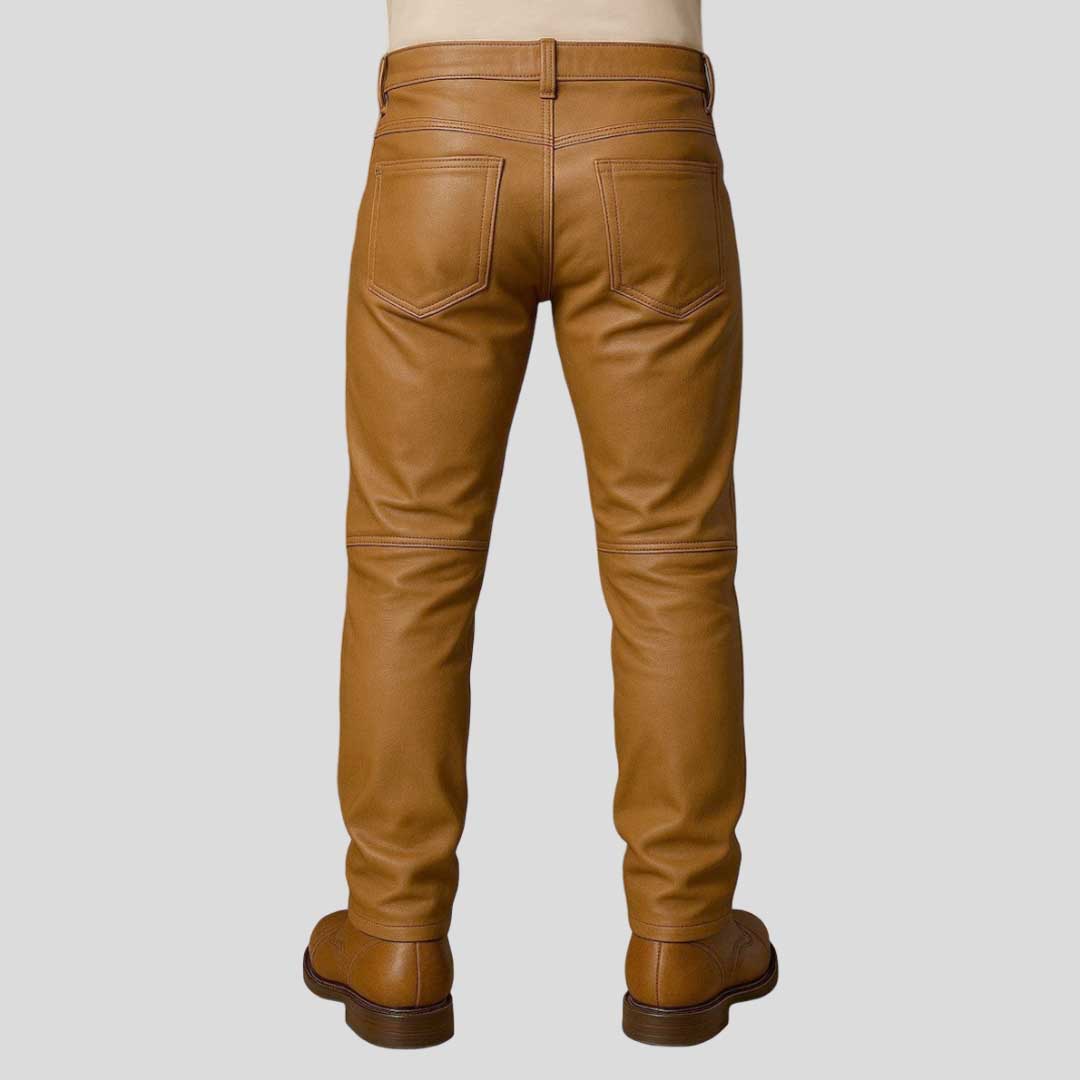 Men’s Brown Cowhide Leather Biker Pants Slim Fit with Zippers