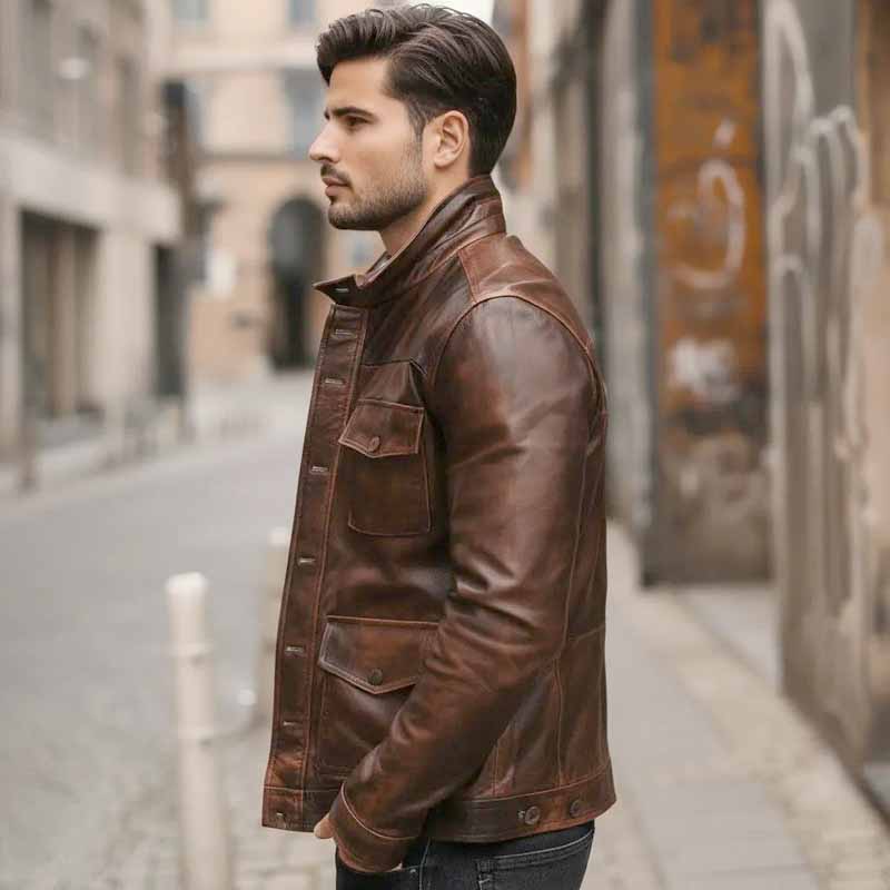 Men's brown leather jacket with button front and chest pockets
