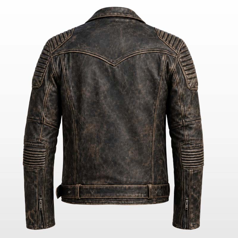 Distressed brown biker coat with angled chest zipper pockets