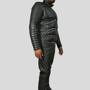 Men's Genuine Leather Quilted Moto Jumpsuit - Padded Jumpsuit