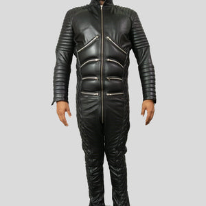 Men's Genuine Leather Quilted Moto Jumpsuit - Padded Jumpsuit