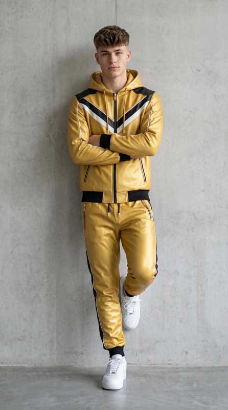 Men’s Metallic Gold Sheepskin Leather Hooded Tracksuit Set