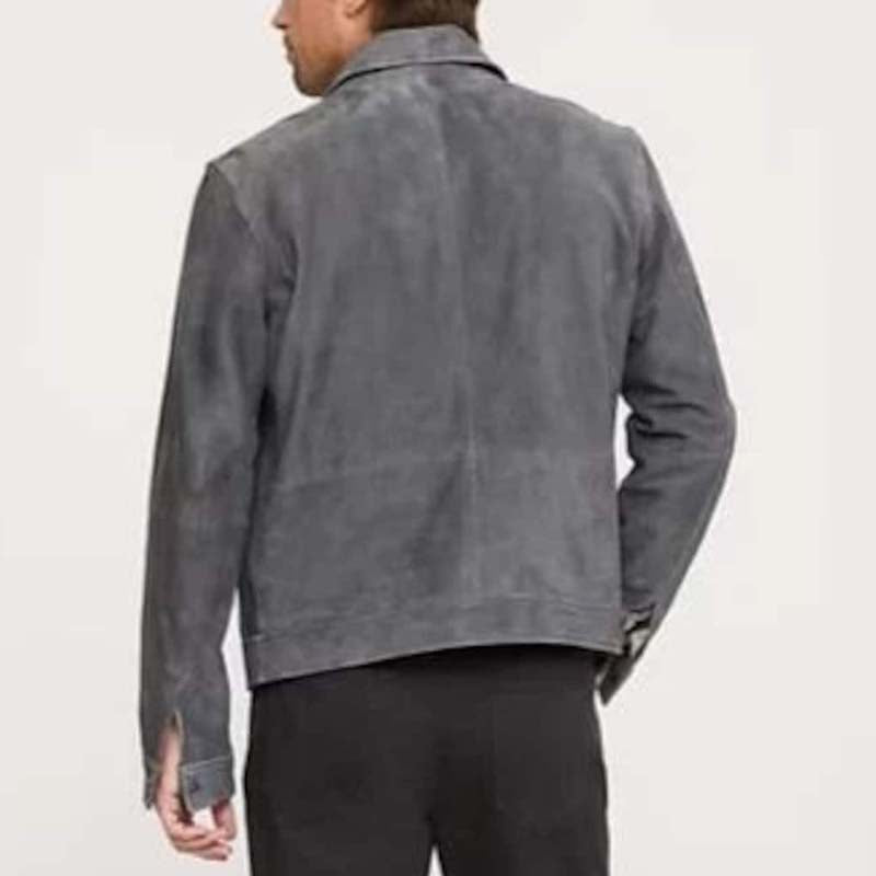 Gray suede trucker jacket for men with classic shirt-style collar