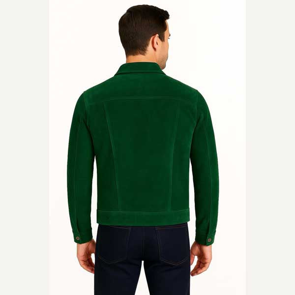 Mens Green Sheepskin Suede Trucker Leather Jacket