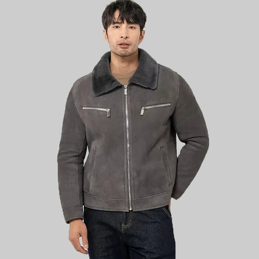 Men's Grey Shearling Jacket - Leather with Fur Lining