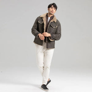 Men's Grey Shearling Jacket - Leather Trucker Jacket