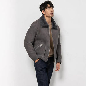 Men's Grey Suede Shearling Jacket - Sheepskin Leather Coat