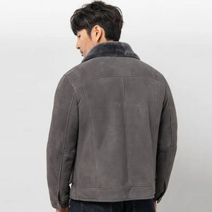 Men's Grey Suede Shearling Jacket - Sheepskin Leather Coat