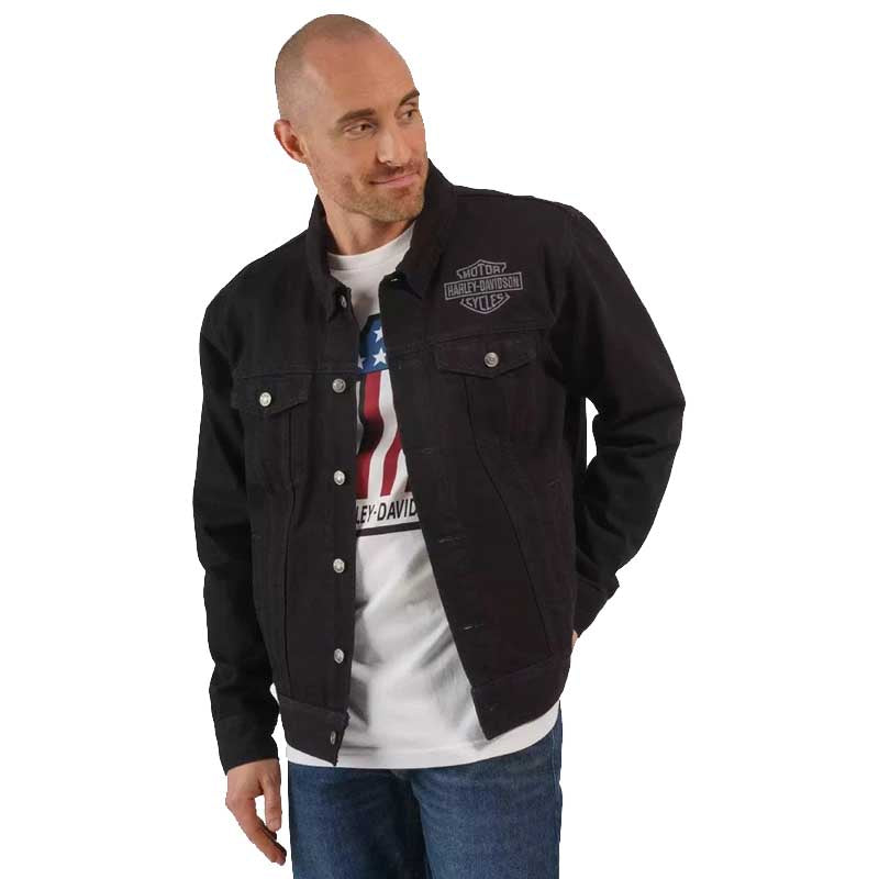men's black denim jacket with tonal embroidered details.