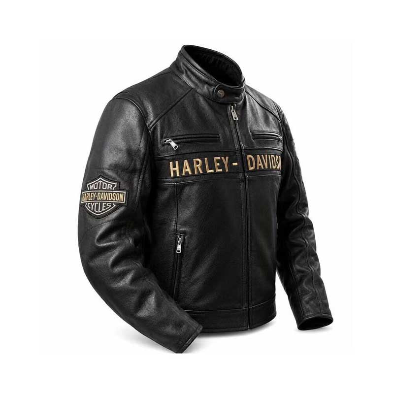 men's Harley-Davidson jacket with gold lettering and shield graphics.