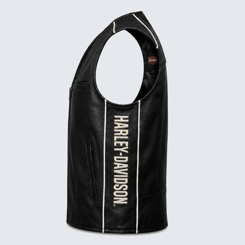 Men's Black Genuine Leather Harley Davidson Motorcycle Vest with Front Zipper