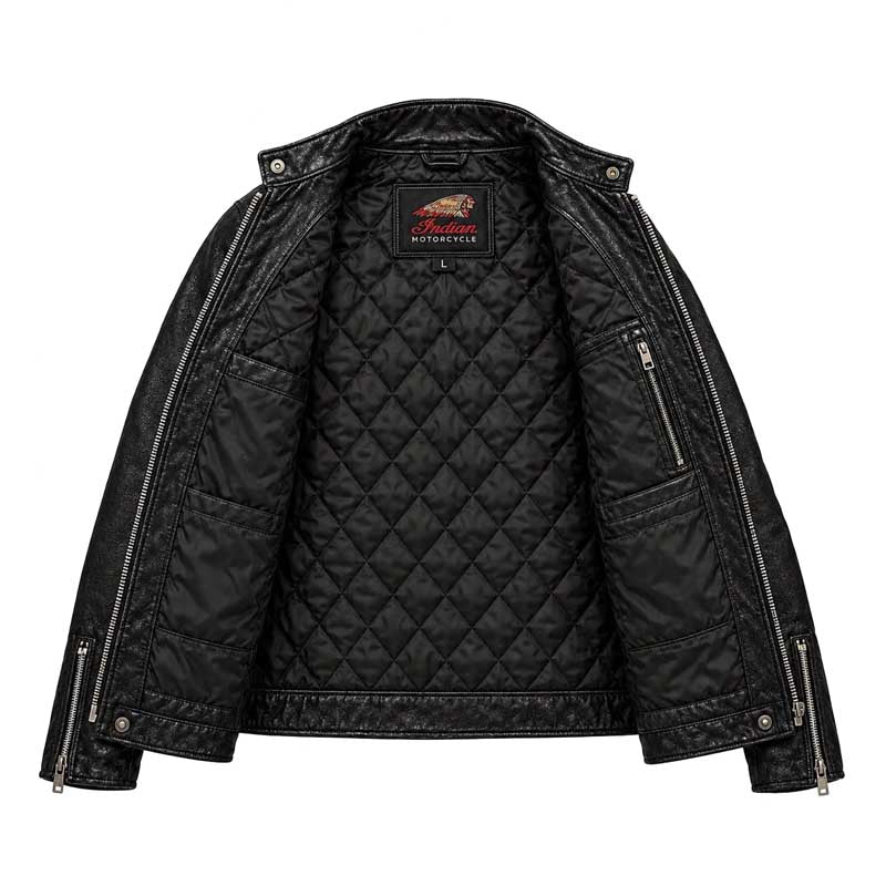 Indian Motorcycle leather jacket with large vintage logo graphics.