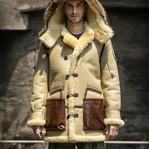 Men's Ivory Yellow Leather Shearling Jacket - Hooded Sheepskin Coat