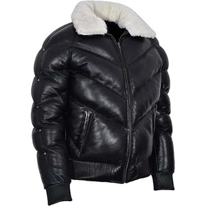 Men's Leather V Bomber Puffer Winter Jacket with Fur Collar