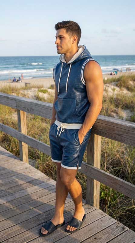 Men’s Navy Blue Croc Embossed Sheepskin Leather Hoodie and Shorts Set