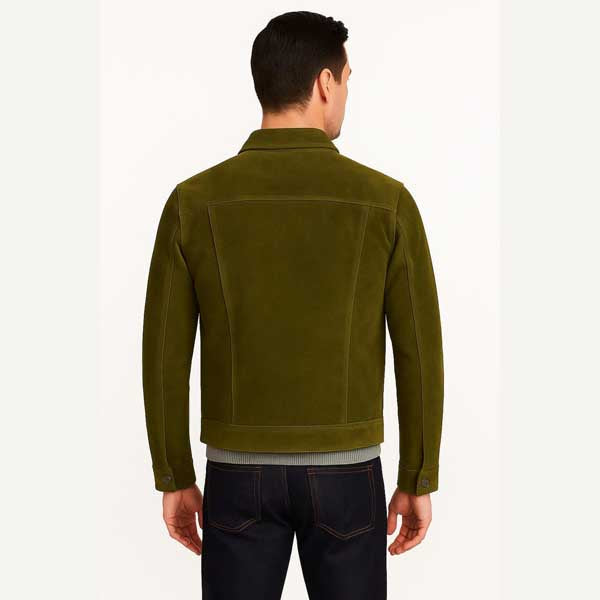 Mens Olive Green Sheepskin Suede Trucker Leather Jacket