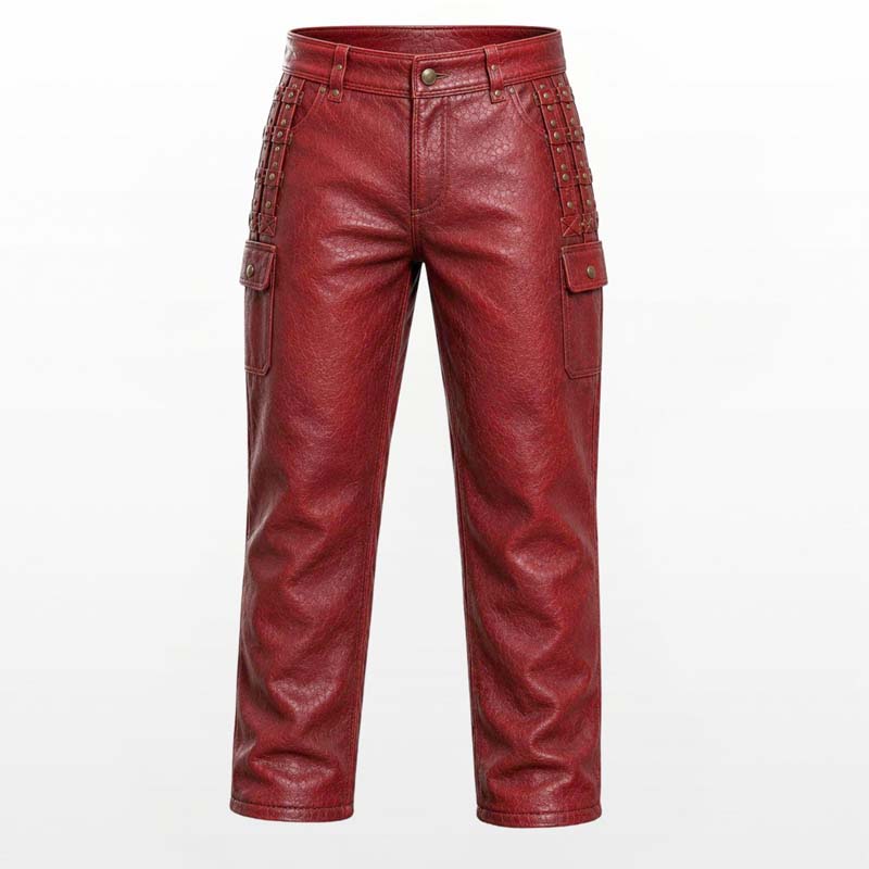 Red leather warrior vest with metal studs and adjustable straps