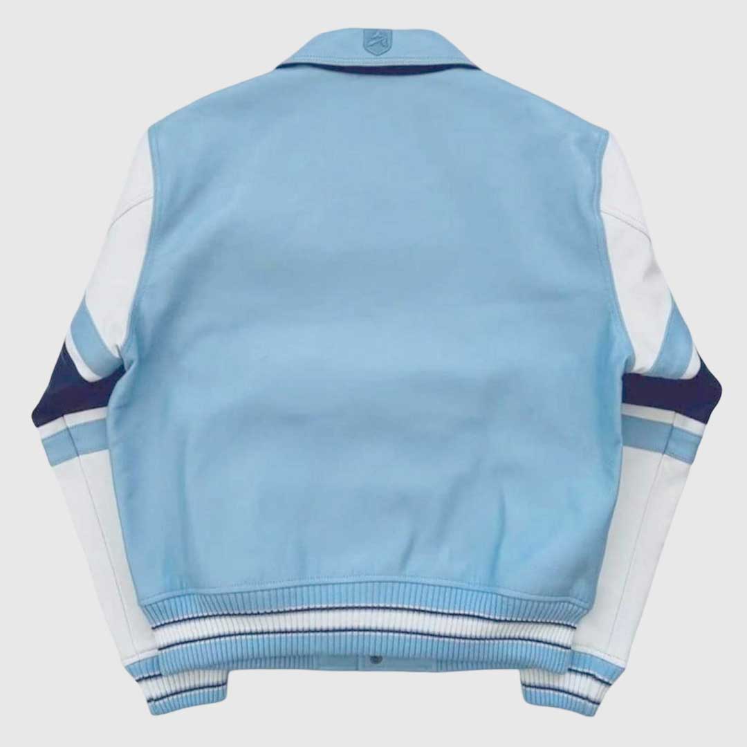 Handmade-style sky blue leather bomber jacket for men.