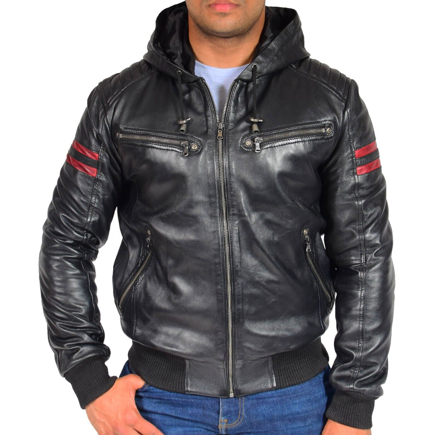 Shop Men's Trendy Black Lambskin Leather Hoody Bomber Jacket