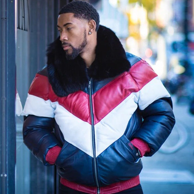 Buy Men's V Bomber Jacket Multi Color (Red/White/Blue)