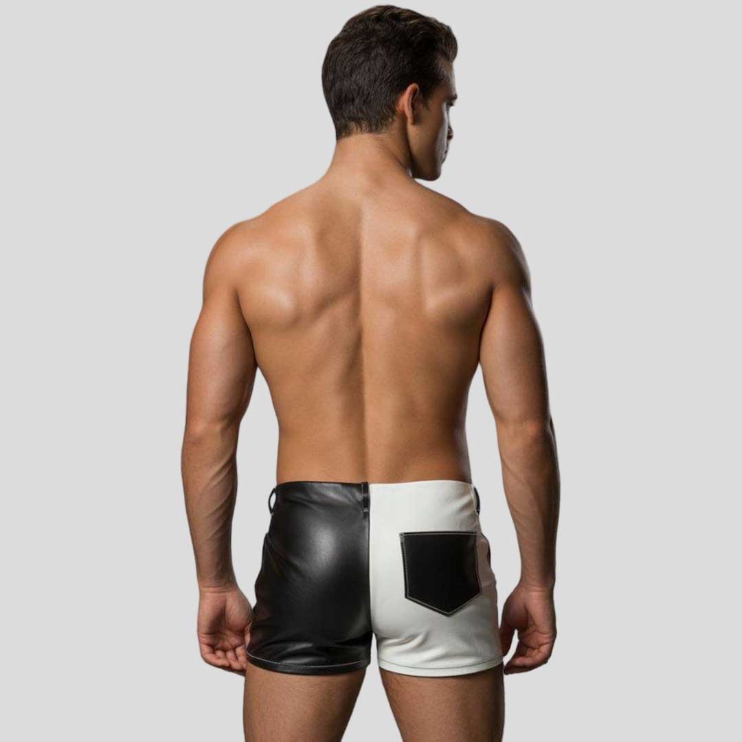 Men’s Two Tone Vegan Leather Biker Shorts Slim Fit