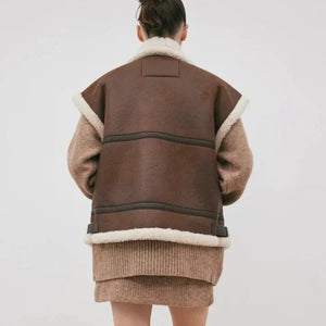 New Chocolate Brown Women's Aviator Sheepskin Leather Vest