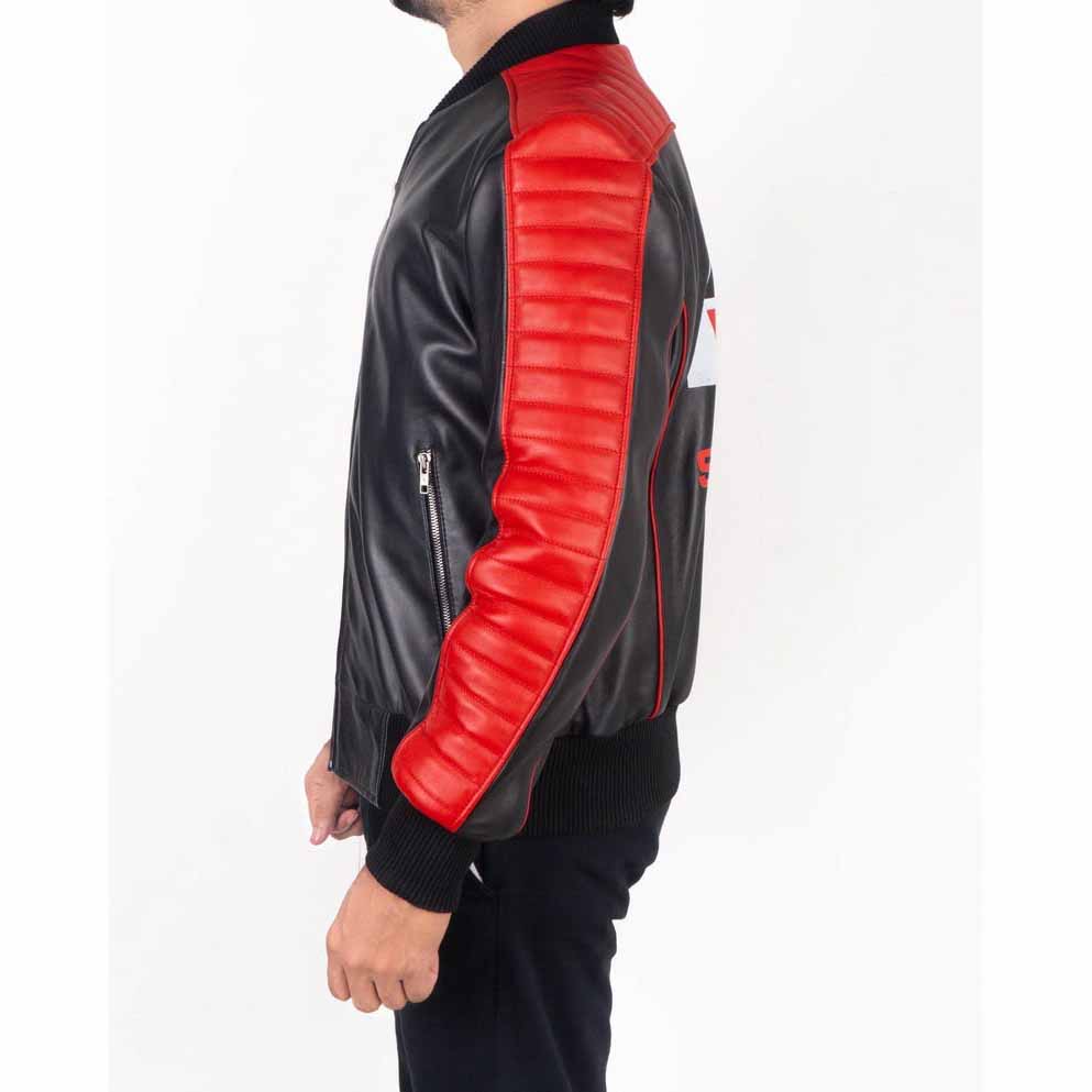 Men Brown Genuine Leather Bomber Jacket with Ryan Gosling Inspired Stunt Team Style