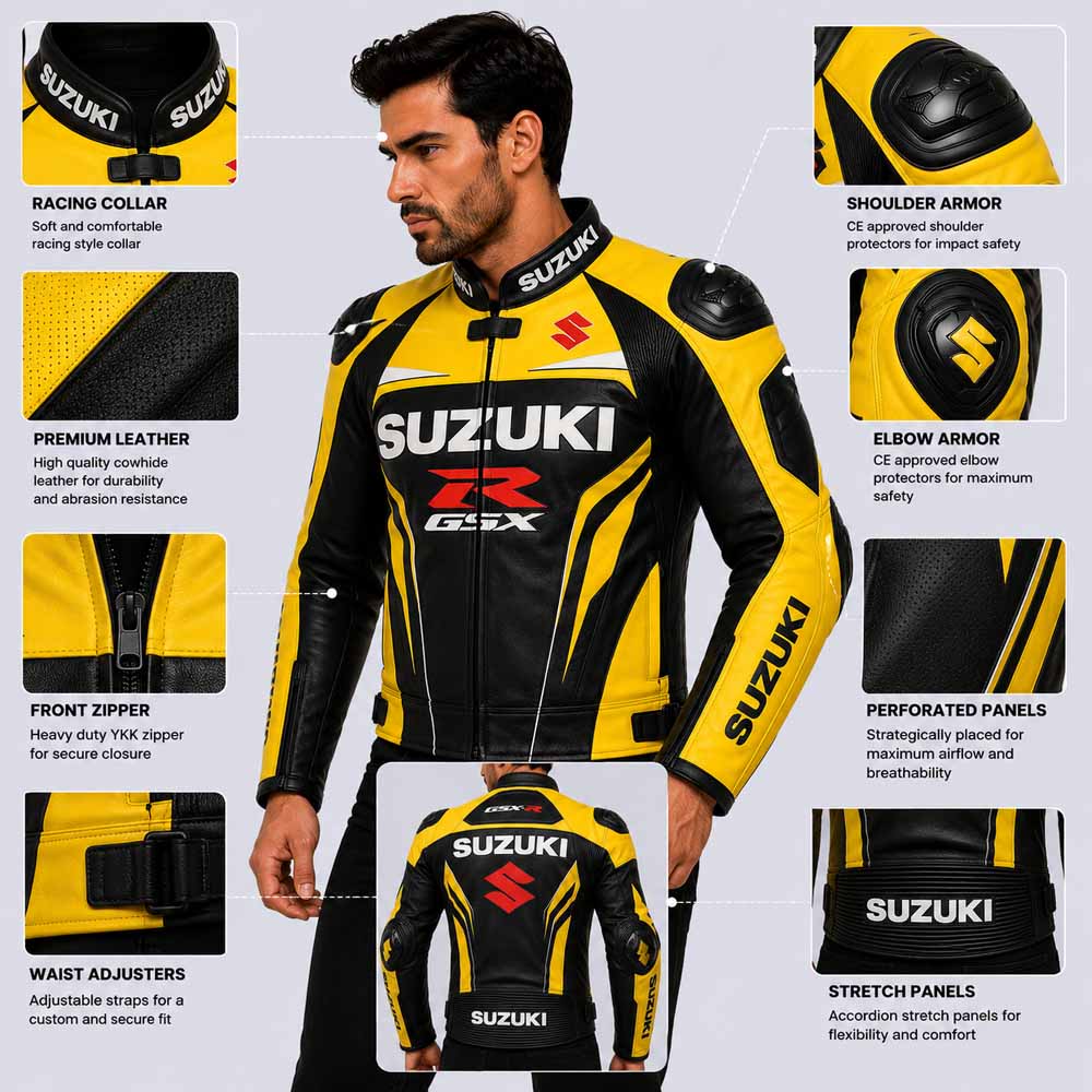 Genuine leather racing jacket with adjustable waist straps and zipper closure