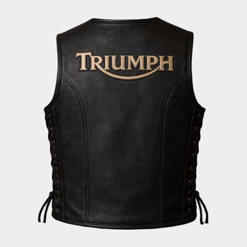 black leather biker vest with embroidered Triumph style logo