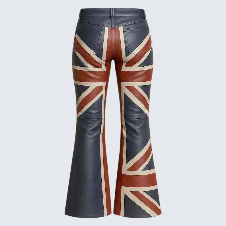 Men's Union Jack Genuine Leather Flare Pants with British Flag Biker Style