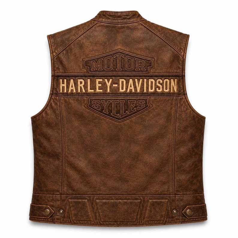 Men's Vintage Brown Genuine Leather Harley Davidson Biker Vest with Distressed Finish