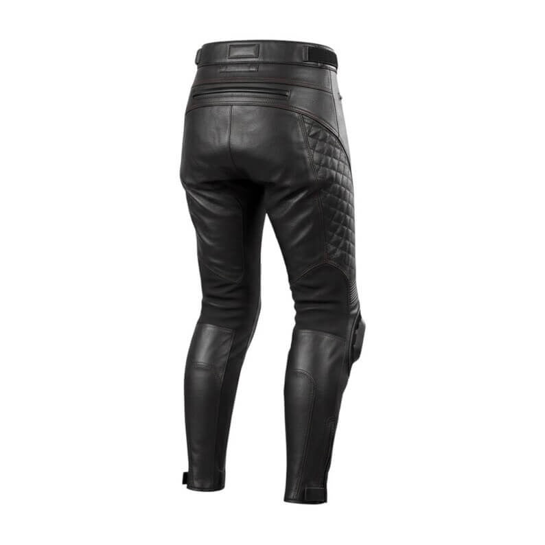 Women's black leather motorcycle trousers with diamond-quilted thigh panels