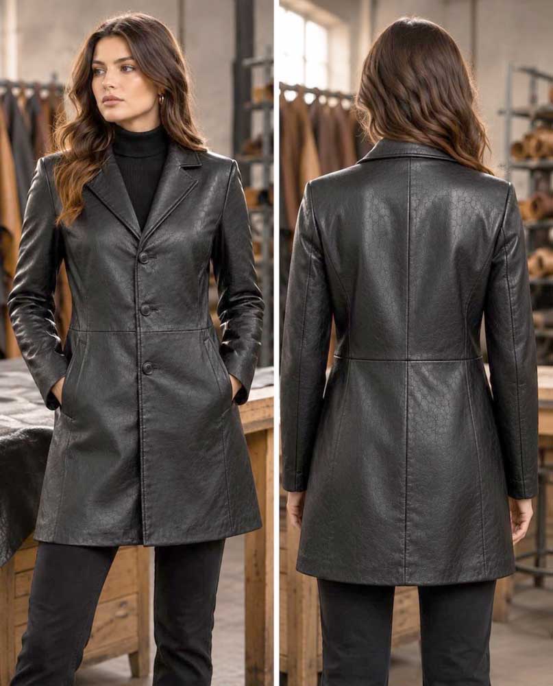 Black genuine lambskin leather blazer with classic notch lapel