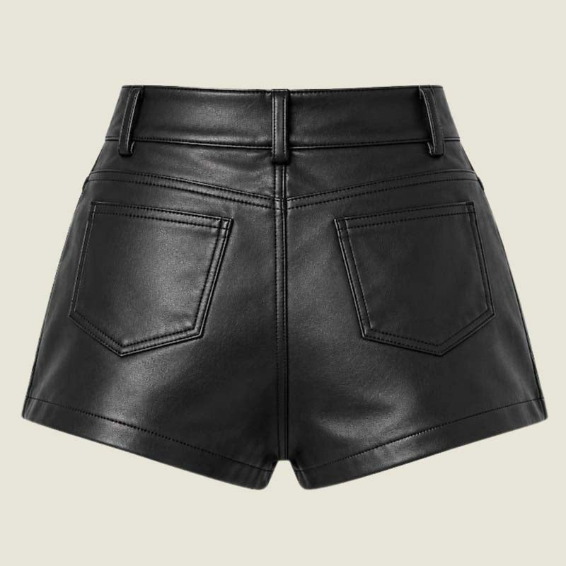 High-waisted women's genuine leather shorts with front button closure