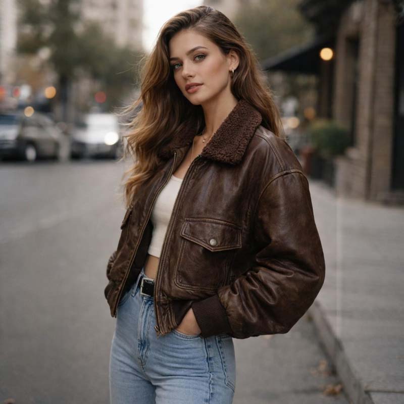 Women's oversized brown sheep leather jacket with front zipper closure