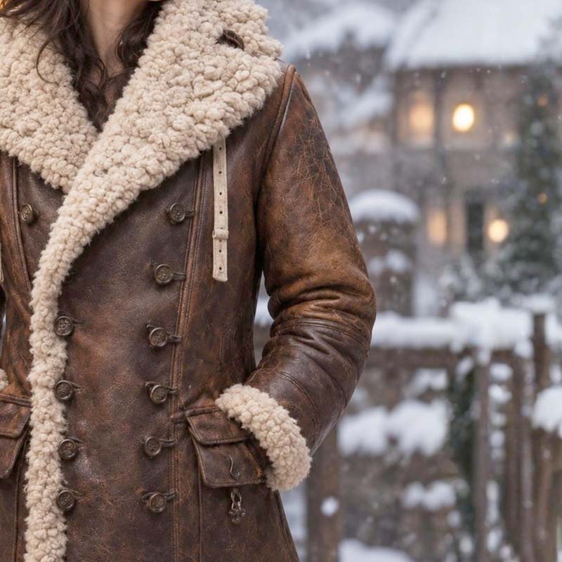 Women's brown and cream shearling-style coat with flap pockets
