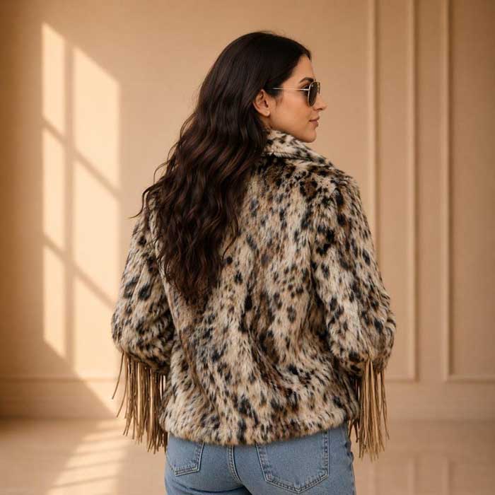 Women's leopard cowgirl faux fur coat with fringe