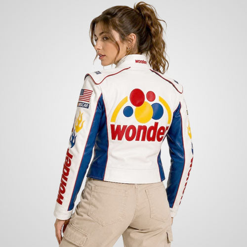 Women’s motorcycle racing leather jacket with sleeve flame detailing