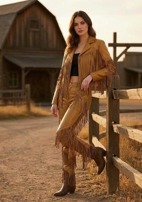 Women’s Tan Brown Sheepskin Leather Fringe Jacket and Pants Set