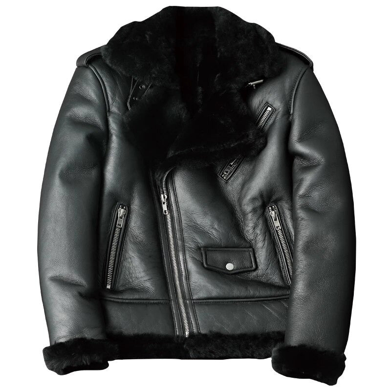 2022 New Men's Oblique Zipper Shearling Sheepskin Leather Motorcycle J