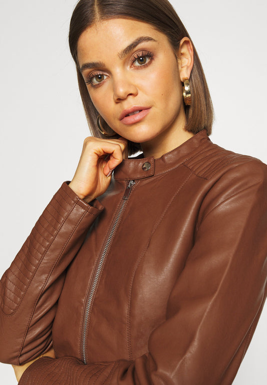 Women’s Chocolate Brown Leather Biker Jacket Ban Collar