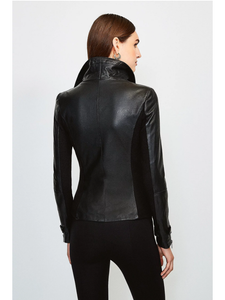 Women’s Black Leather Biker Jacket Cotton Side Panels