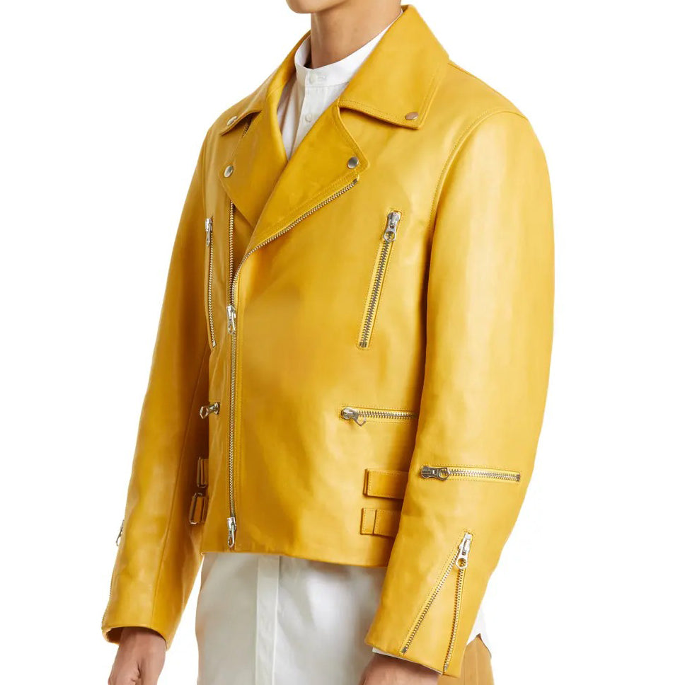 Asymmetric Leather Biker Jacket with Notched Collar