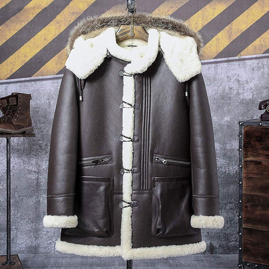 Mens Brown B3 Bomber Jacket Hooded Leather Jacket Shearling Coat