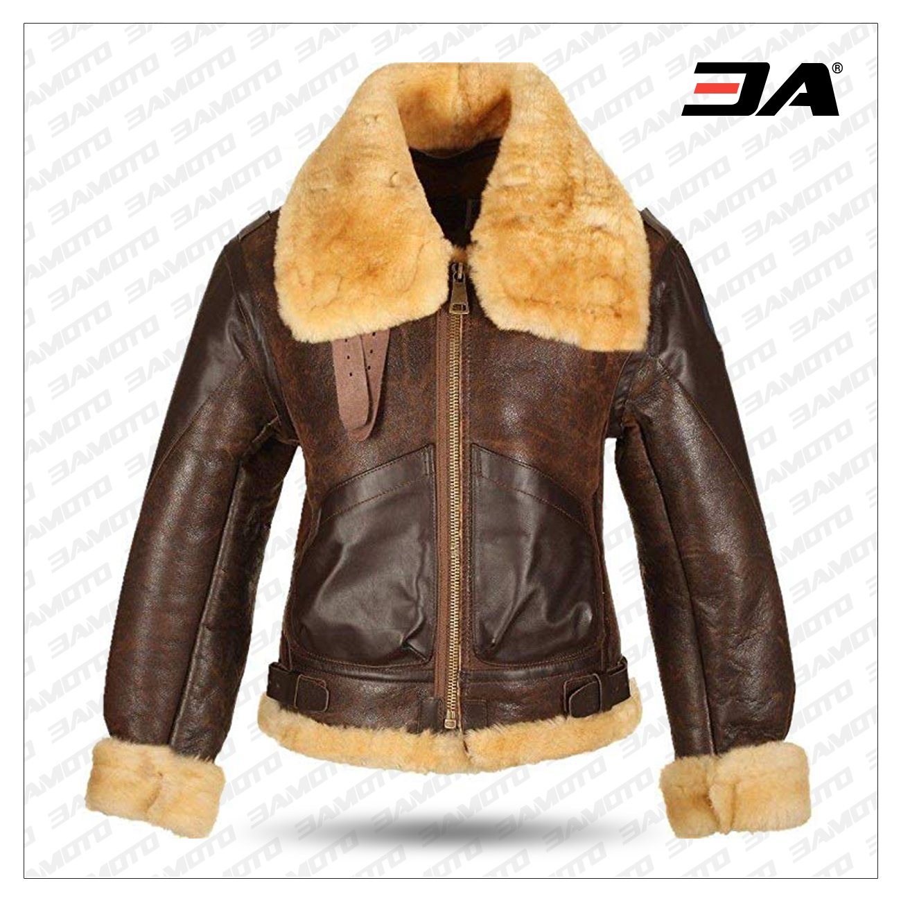 B3 Brown Bomber Real Shearling Two Tone Sheepskin Leather Jacket - 3A MOTO LEATHER