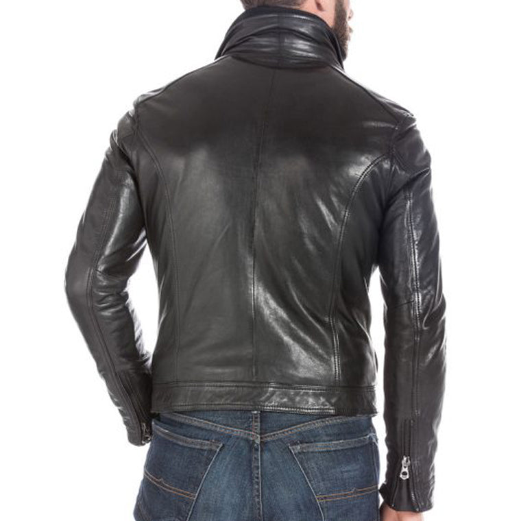 Black Lambskin Leather Sports Jacket for Men Back