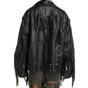 Black Leather Biker Jacket with Fringe